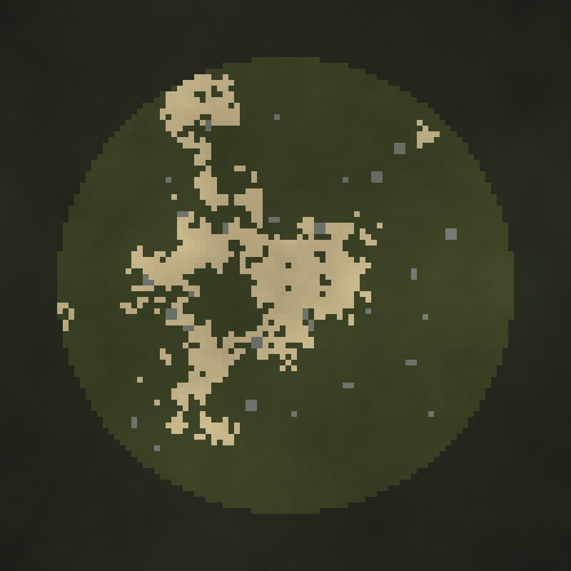 Top-down map of the synthetic site: sand areas visible from a 9 m sensor at the centre, olive areas hidden by terrain and buildings